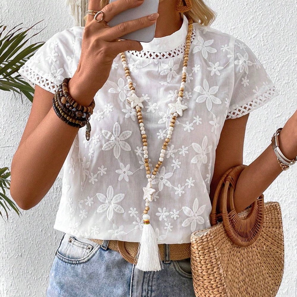 Boho Floral Embroidered Lace Short Sleeve Top - Picture 3 of 7